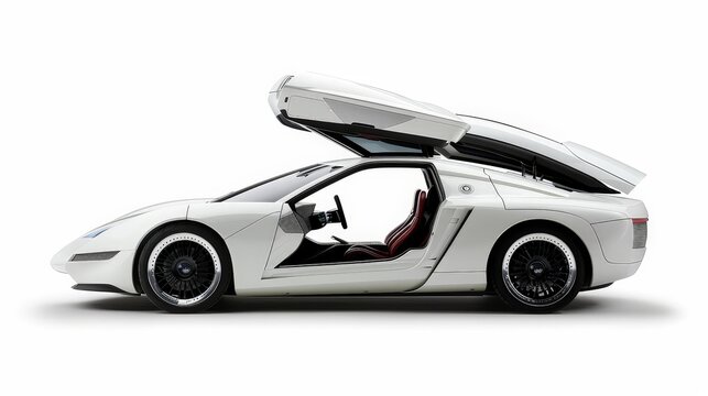 A white futuristic car with gull-wing doors, set against a white background, showcasing its cutting-edge design and technology.