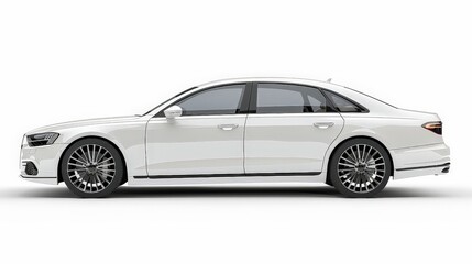 Fototapeta premium A white luxury sedan with tinted windows, set against a white backdrop, emphasizing its sophisticated and elegant design.