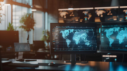 Fototapeta premium Close-Up of Digital Map with Real-Time Monitoring Alerts, Set in Modern Office for Global Reach and Safety