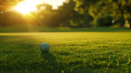 A golden golf ball is highlighted on a manicured green, illuminated by the warm glow of the setting sun in a tranquil golf course.