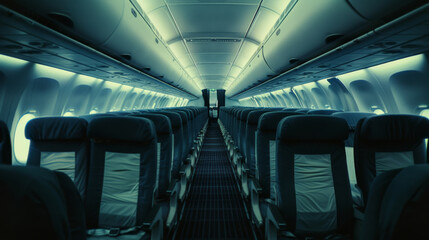 Obraz premium An empty airplane cabin with rows of seats illuminated by cool, dim lighting, creating a tranquil, almost eerie atmosphere.