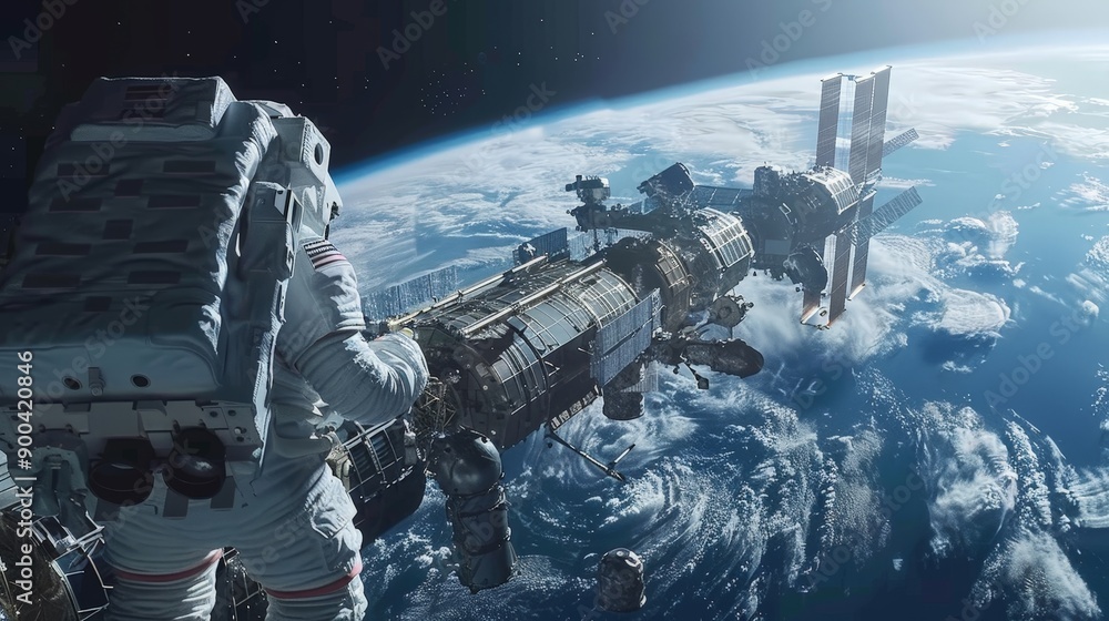 Poster against the backdrop of a distant earth, astronauts methodically construct a space station. their ef