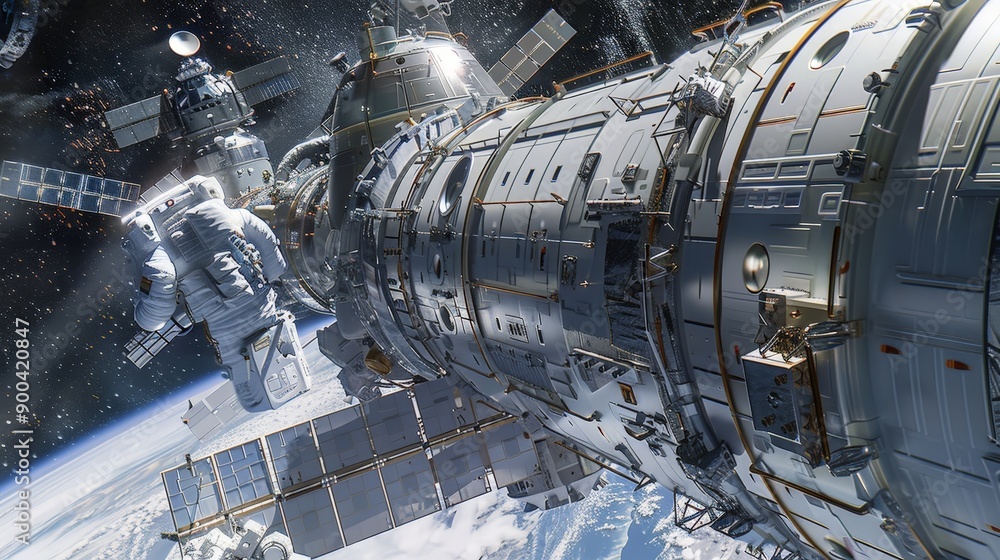 Poster against the backdrop of a distant earth, astronauts methodically construct a space station. their ef