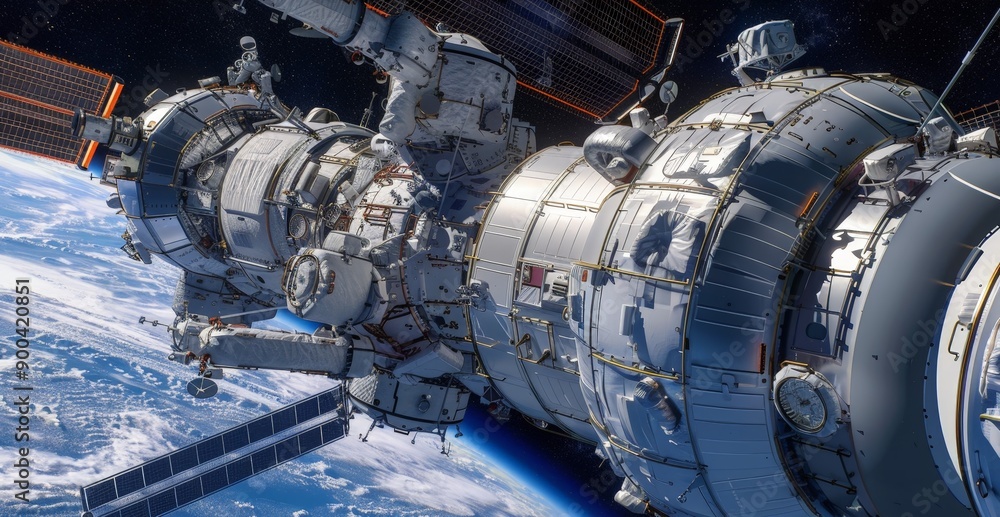 Poster against the backdrop of a distant earth, astronauts methodically construct a space station. their ef