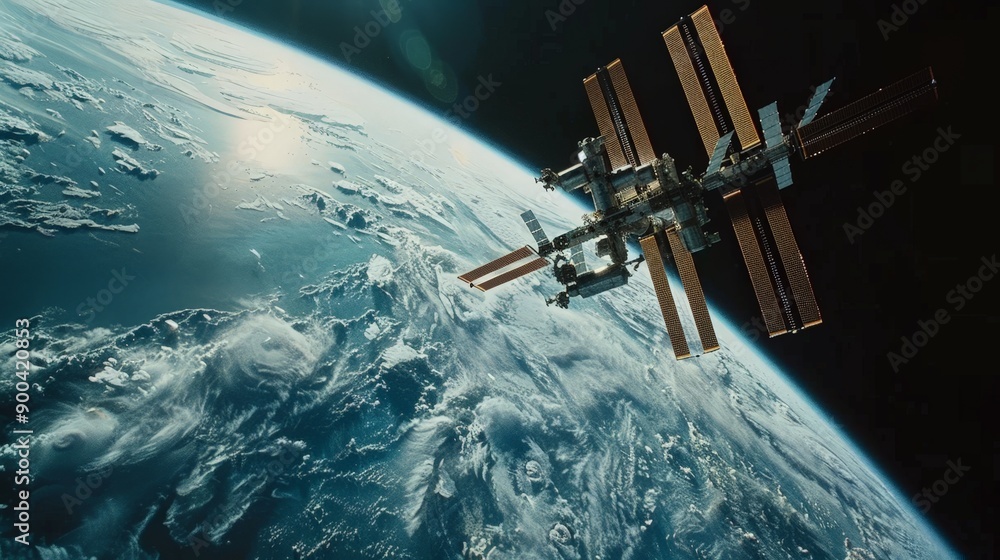 Poster against the backdrop of a distant earth, astronauts methodically construct a space station. their ef