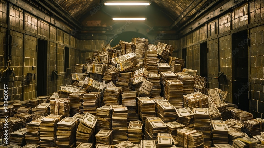 Poster an impressive pile of cash arranged in a vault, representing security and the safeguarding of substa