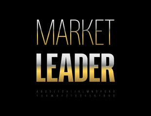 Vector business concept Market Leader. Stylish Gold Font. Elite Slim Alphabet Letters and Numbers set.