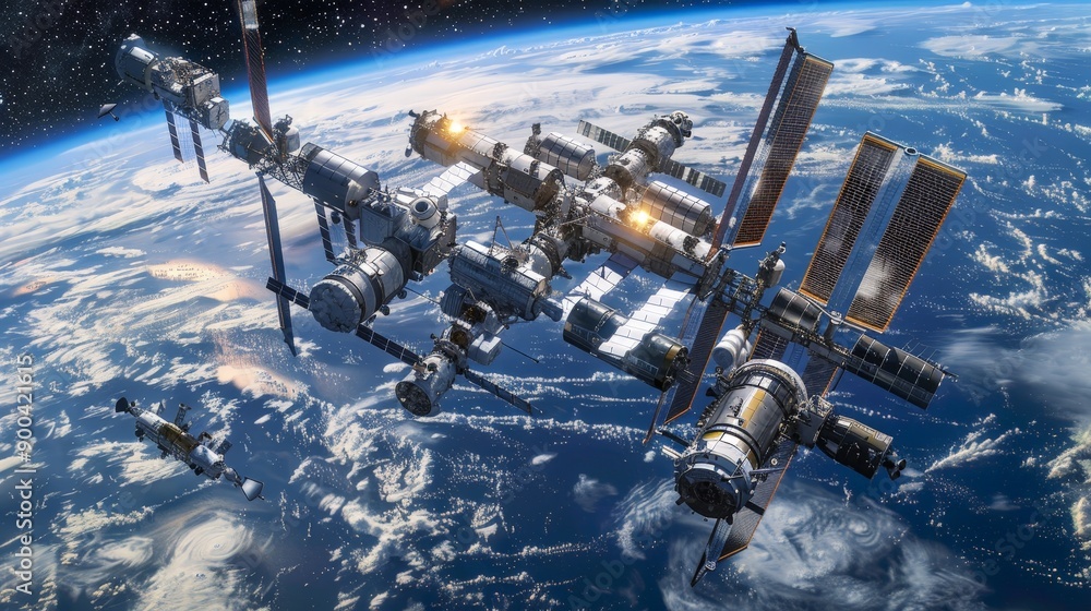 Poster astronauts, with earth as their distant backdrop, are dedicated to assembling a space station. each 