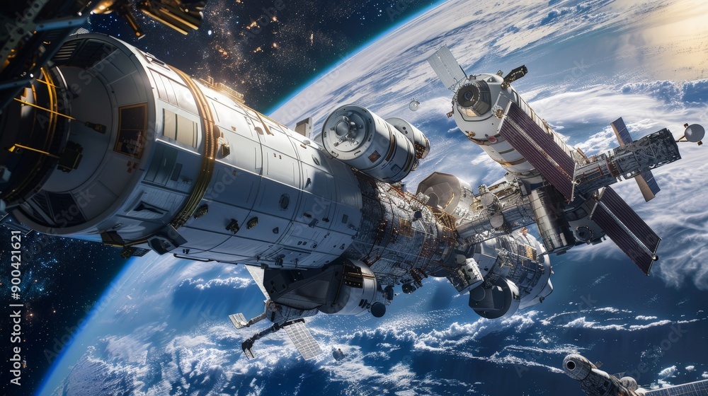 Poster astronauts, with earth as their distant backdrop, are dedicated to assembling a space station. each 