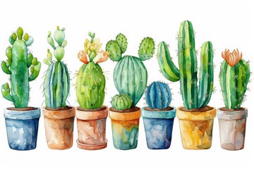 Watercolor painting of various cacti in terracotta pots.