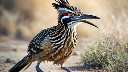 A Roadrunner bird running Stands on a Dirt Road, Front  view roadrunner - Generative AI