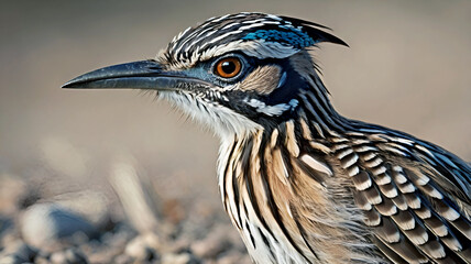 Close-up a roadrunner bird in desert at sunrise walking through a desert Road