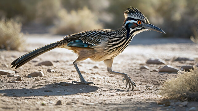A Roadrunner Bird in desert at sunrise walking through a desert Road