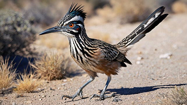 A Roadrunner Bird in desert at sunrise walking through a desert Road