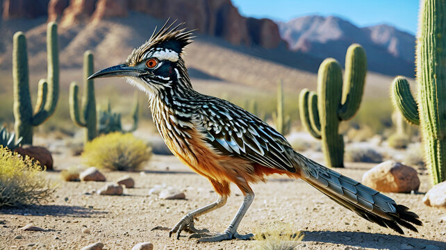 A Roadrunner Bird in desert at sunrise walking through a desert Road