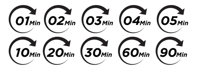 1, 2, 3, 4, 5, 10, 20, 30, 60, 90 min, minutes vector icon set.