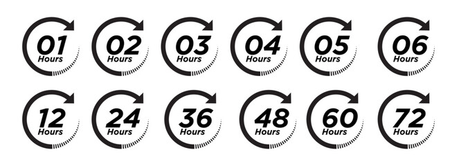 1hr, 2hrs, 3hrs, 4hrs, 5hrs, 6hrs, 12hrs, 24hrs, 36hrs, 48hrs, 60hrs, 72hrs, icon set.