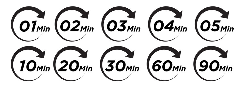 1, 2, 3, 4, 5, 10, 20, 30, 60, 90 min, minutes vector icon set.