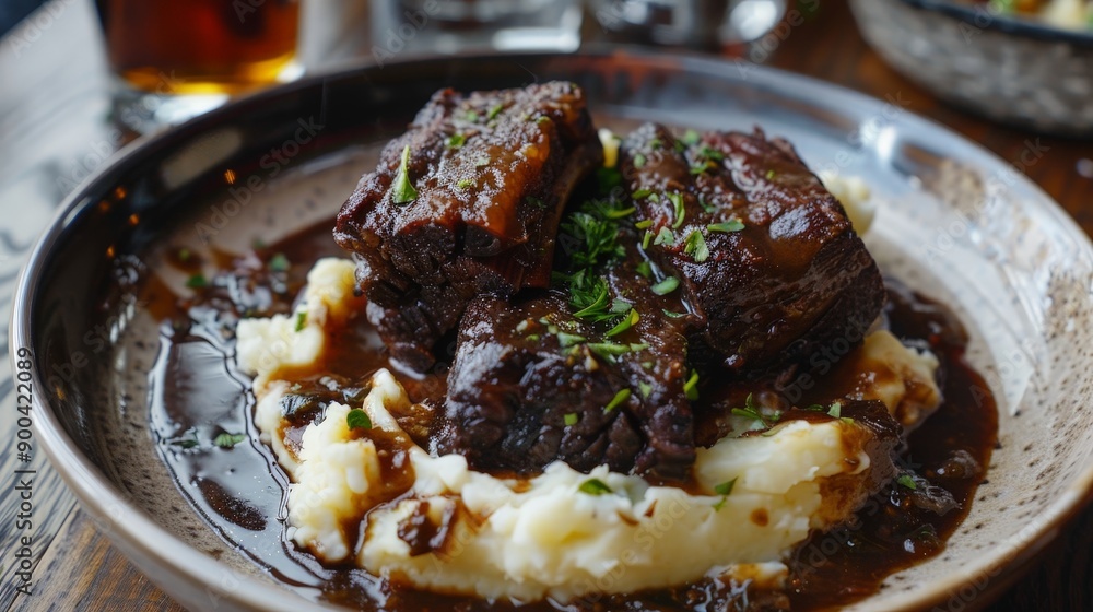 Wall mural Braising short ribs until they are fall-off-the-bone tender, served with mashed potatoes.