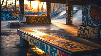 City underpass, alley narrow street, or empty skateboard park with ramps for skateboarding and biking, with walls covered in graffiti. Town urban environment at sunset, stone pillar