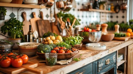 vegetables on the kitchen table, preparation for cooking. AI generated illustration