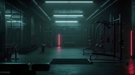 Empty dark gym or fitness club or sports center with machines for training and exercising, workout room with barbells dumbbells and plate weights, healthy lifestyle and bodybuilding, squat racks
