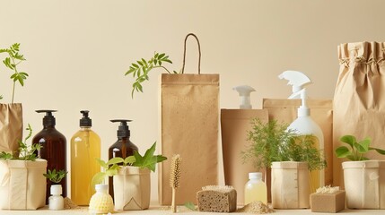 Bottles shampoo or shower gel Lotion, essential oil, cream, massage brushes, Body and face care beauty bath set. AI generated illustration