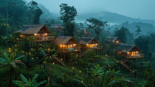 A lush green landscape with a cottage nestled in nature. AI generated illustration - Powered by Adobe