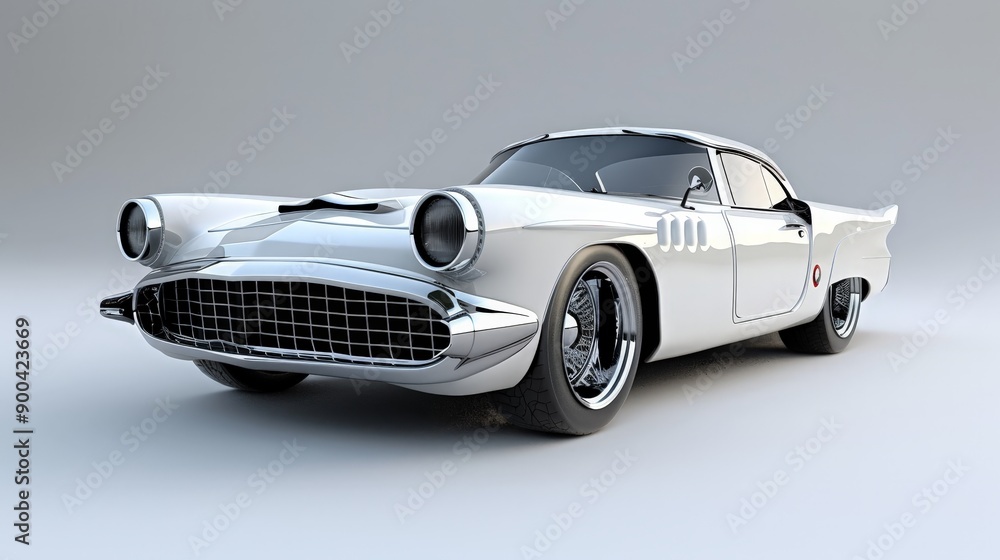 Poster create a 3d model of a retro-inspired car with modern technology. highlight the blend of classic des