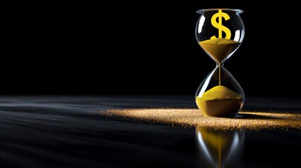 Hourglass with Dollar Sign and Golden Sand on Reflective Surface Symbolizing Financial Value of Time