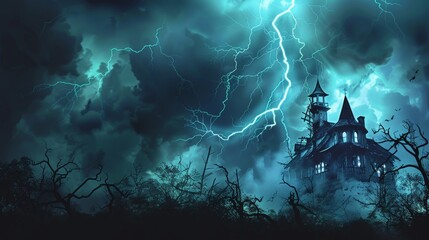 Fototapeta premium Create a background of a dark, stormy night with lightning striking and a haunted house silhouetted against the sky.