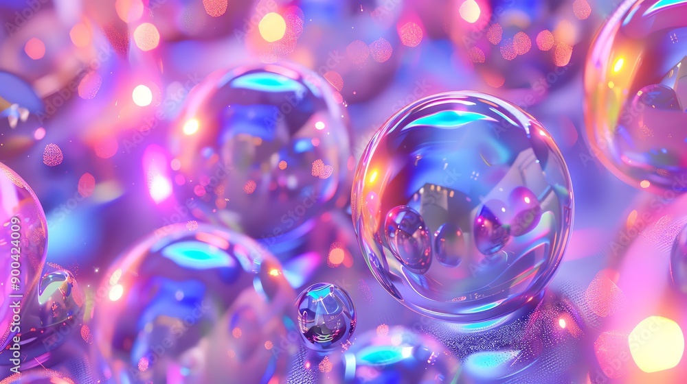 Poster abstract background with iridescent spheres on a colorful background.