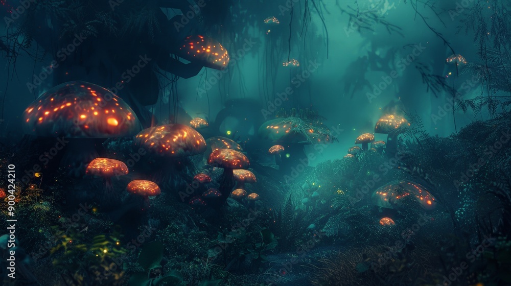 Poster create an image of a dark, enchanted forest filled with glowing mushrooms and mysterious creatures, 