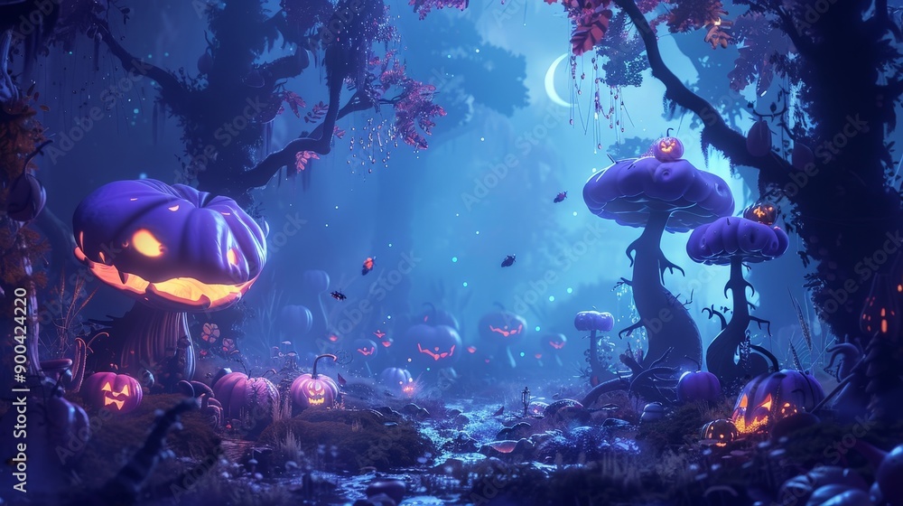 Poster create an image of a dark, enchanted forest filled with glowing mushrooms and mysterious creatures, 