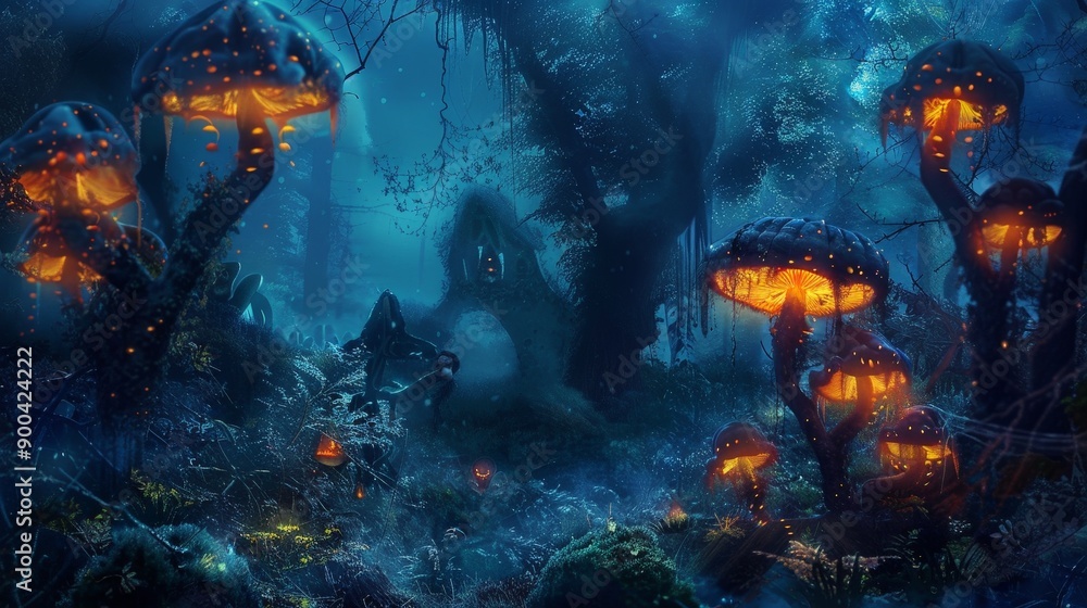 Poster create an image of a dark, enchanted forest filled with glowing mushrooms and mysterious creatures, 