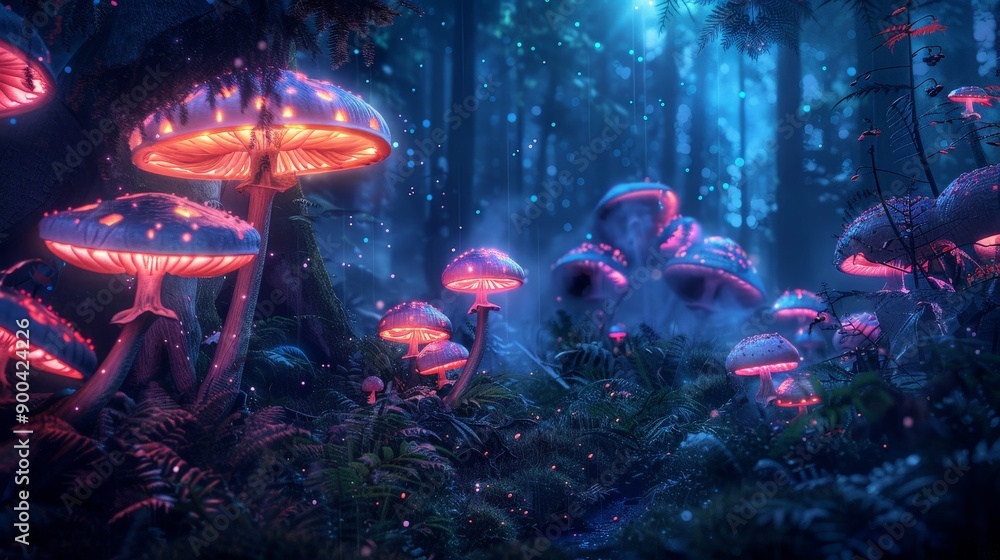Poster create an image of a dark, enchanted forest filled with glowing mushrooms and mysterious creatures, 