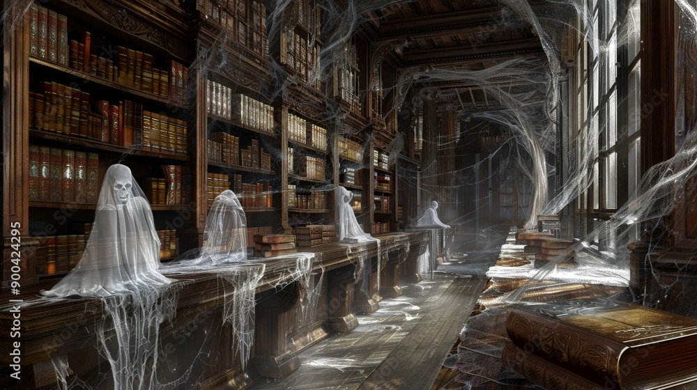 Poster create an image of a spooky library filled with ancient books, cobwebs, and ghostly figures haunting