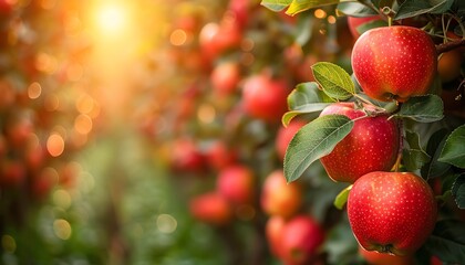 Obraz premium Apple orchard, rows of trees, sunlight