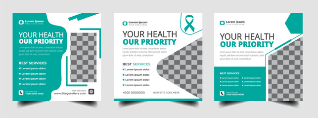 
 Set of Medical healthcare service center social media post template design.
 Hospital, fitness training, doctor, clinic and dentist health business promotion, square flyer poster.