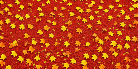 Colorful seasonal autumn background pattern, Vibrant carpet of fallen forest red, orange and yellow leaves.