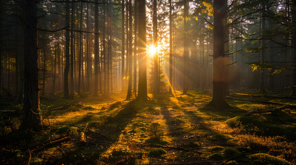 Fototapeta premium Sunrise over lush green trees in a peaceful forest clearing, captured in raw, natural beauty.