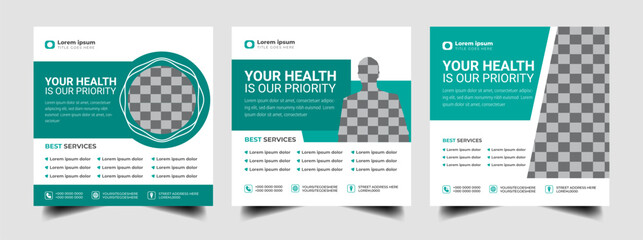 
 Set of Medical healthcare service center social media post template design.
 Hospital, fitness training, doctor, clinic and dentist health business promotion, square flyer poster.