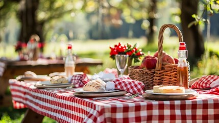 Decorating a picnic table with themed decorations for a holiday picnic celebration.