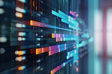 computer screen with bunch of different colored lines, Gantt charts depicting project timelines and task dependencies