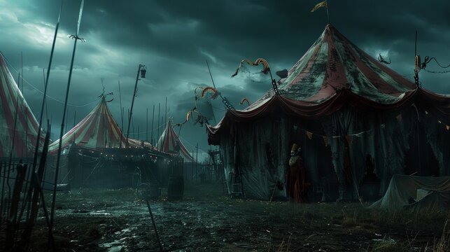 Depict a background of a haunted circus with tattered tents, creepy clowns, and dark shadows lurking around.