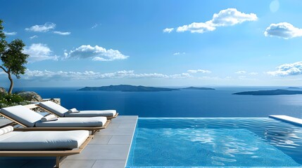 Reclining chair near a swimming pool, sea and blue sky panoramic background. 