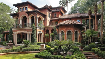 Obraz premium Describe the Mediterranean-inspired details of a villa house exterior. Write about terra cotta tiles, wrought iron balconies, and how Mediterranean architecture evokes a sense of warmth and elegance.