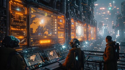 Cybernetic Financial Hub with Robotic Tellers and Bioluminescent Displays in a High-Tech District