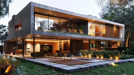 Obraz premium Describe the architectural elegance of a contemporary 3D house. Write about clean lines, minimalist aesthetics, and how 3D modeling enhances architectural creativity and spatial design efficiency.