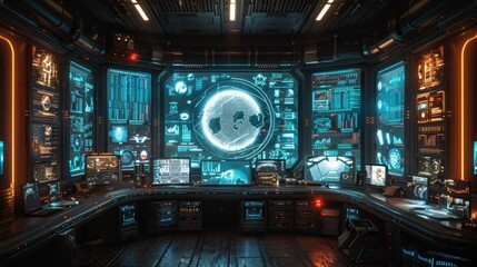 Obraz premium Futuristic Investment Firm with Holographic Trading Floors and Glowing Strategy Rooms